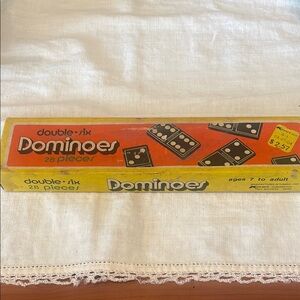 Double-Six Dominoes Set - Yellow and Orange packaging vintage Kmart 2004